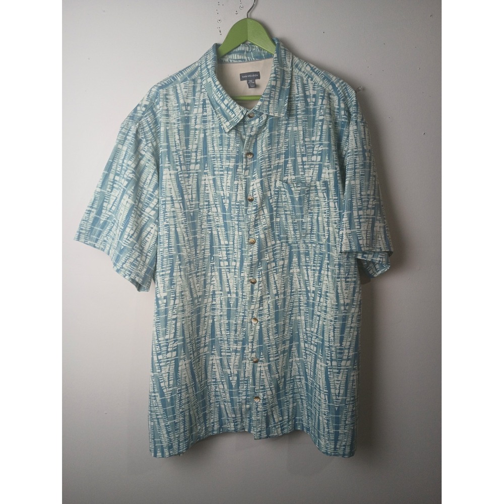 Van Heusen Mens 2XL Blue White Abstract Geometric Print Short Sleeve Camp Shirt
